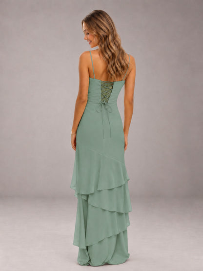 Eucalyptus Spaghetti Straps Ruffled Chiffon Floor Length Bridesmaid Dress