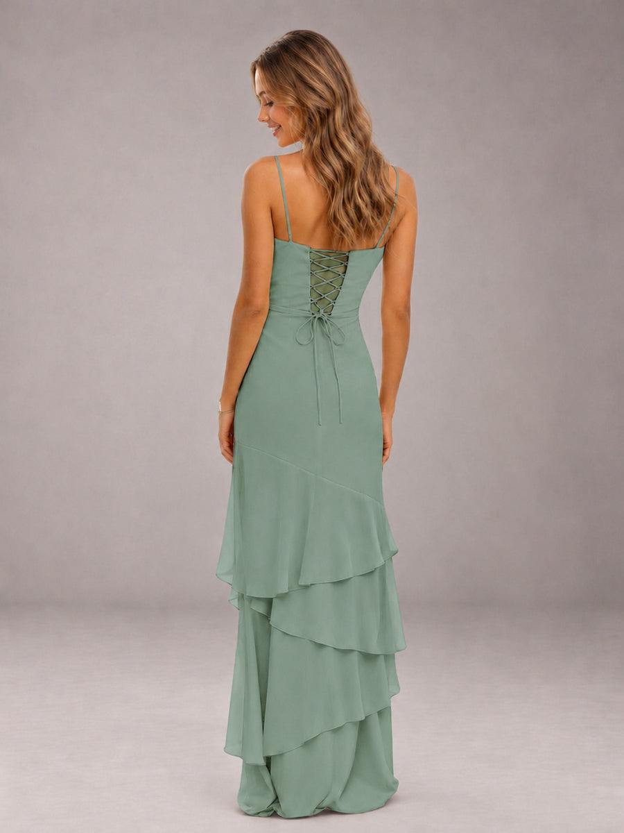 Eucalyptus Spaghetti Straps Ruffled Chiffon Floor Length Bridesmaid Dress