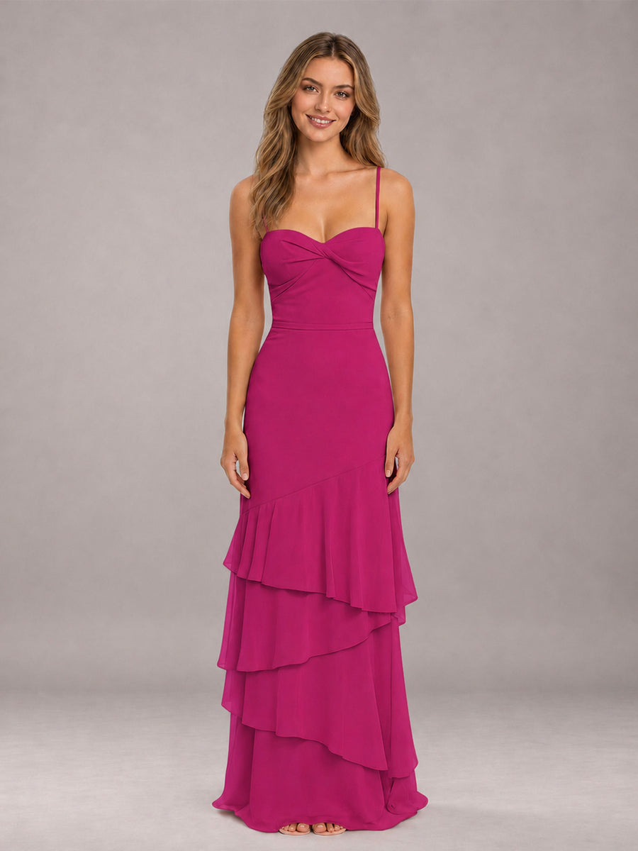 Fuchsia Spaghetti Straps Ruffled Chiffon Floor Length Bridesmaid Dress