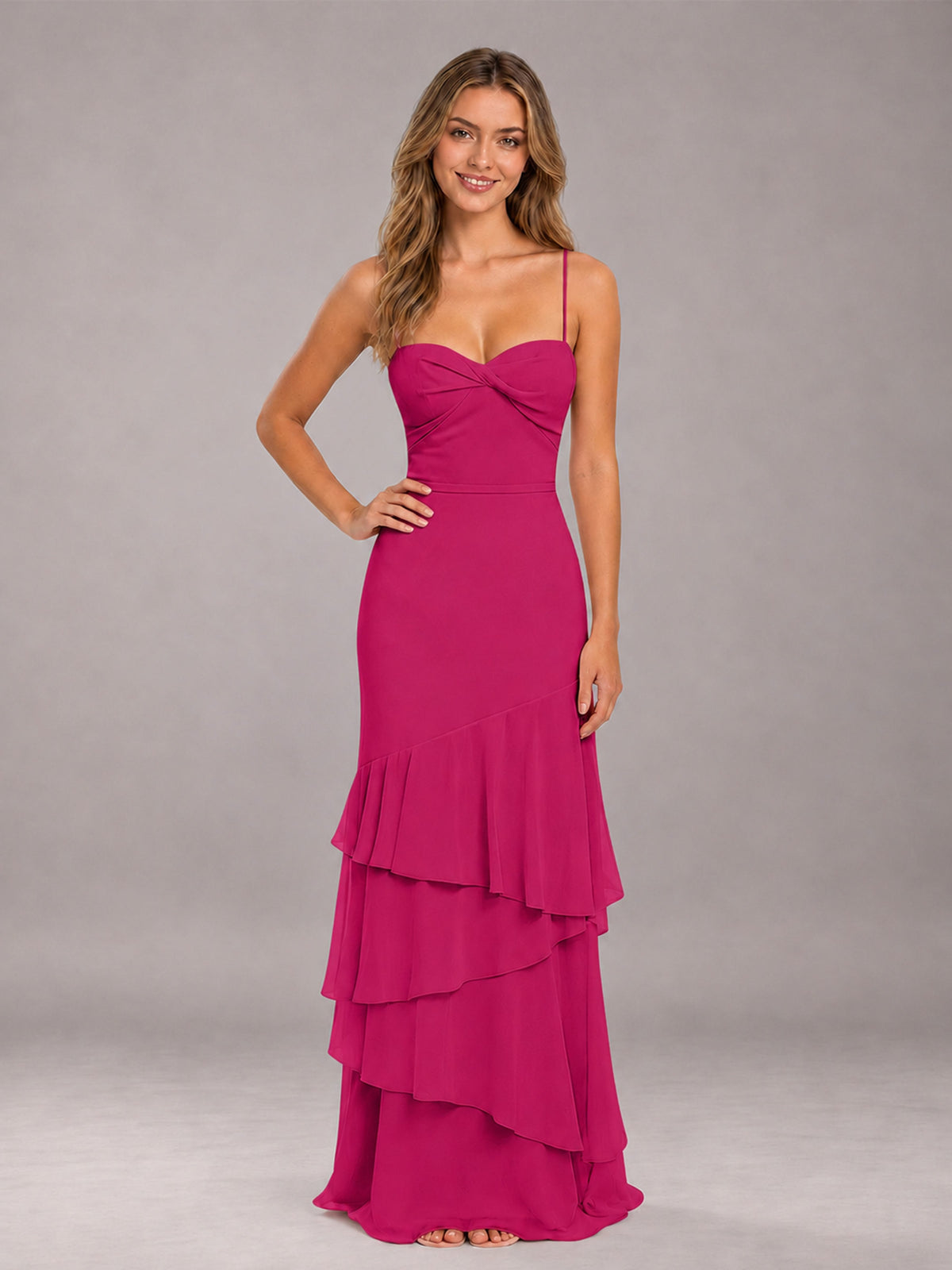Fuchsia Spaghetti Straps Ruffled Chiffon Floor Length Bridesmaid Dress