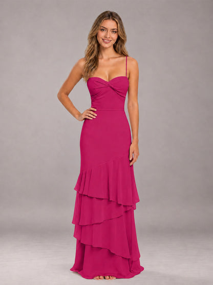Fuchsia Spaghetti Straps Ruffled Chiffon Floor Length Bridesmaid Dress