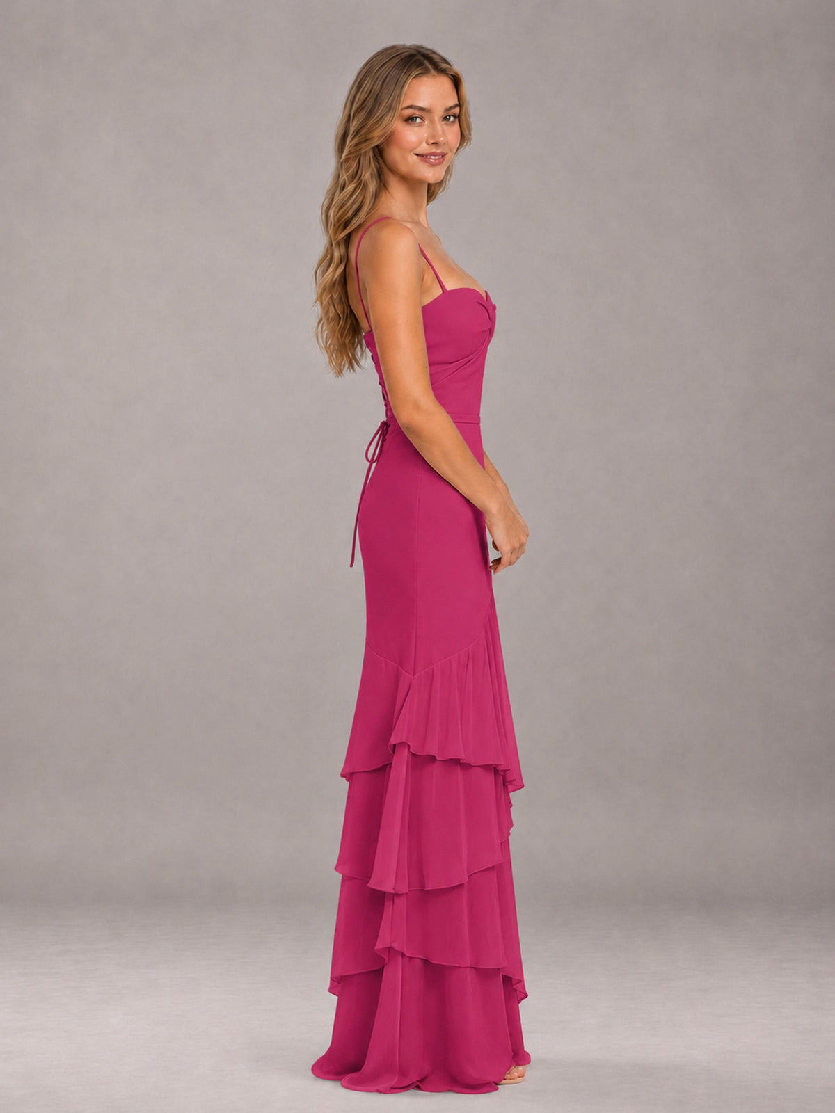 Fuchsia Spaghetti Straps Ruffled Chiffon Floor Length Bridesmaid Dress