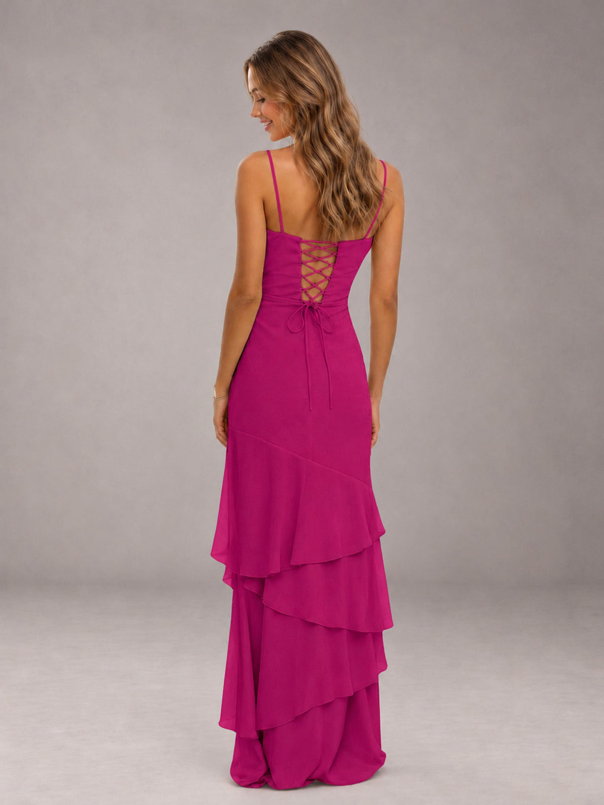 Fuchsia Spaghetti Straps Ruffled Chiffon Floor Length Bridesmaid Dress