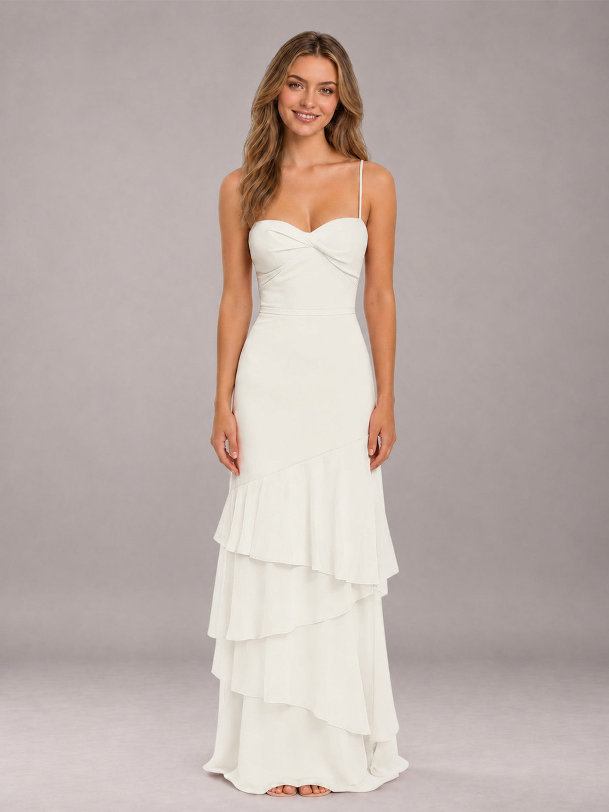 Ivory Spaghetti Straps Ruffled Chiffon Floor Length Bridesmaid Dress