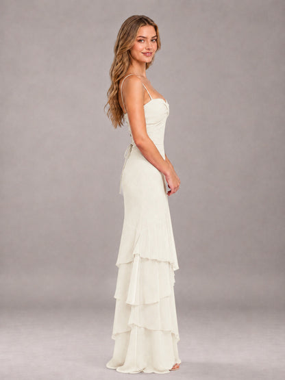 Ivory Spaghetti Straps Ruffled Chiffon Floor Length Bridesmaid Dress