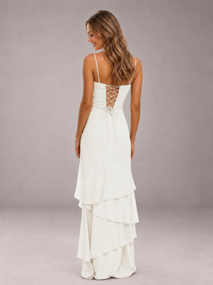 Ivory Spaghetti Straps Ruffled Chiffon Floor Length Bridesmaid Dress