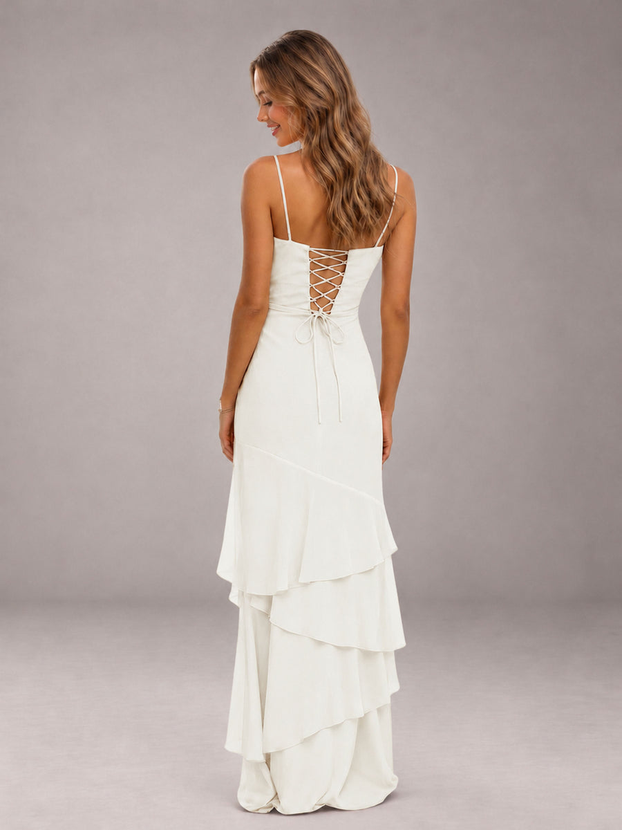 Ivory Spaghetti Straps Ruffled Chiffon Floor Length Bridesmaid Dress