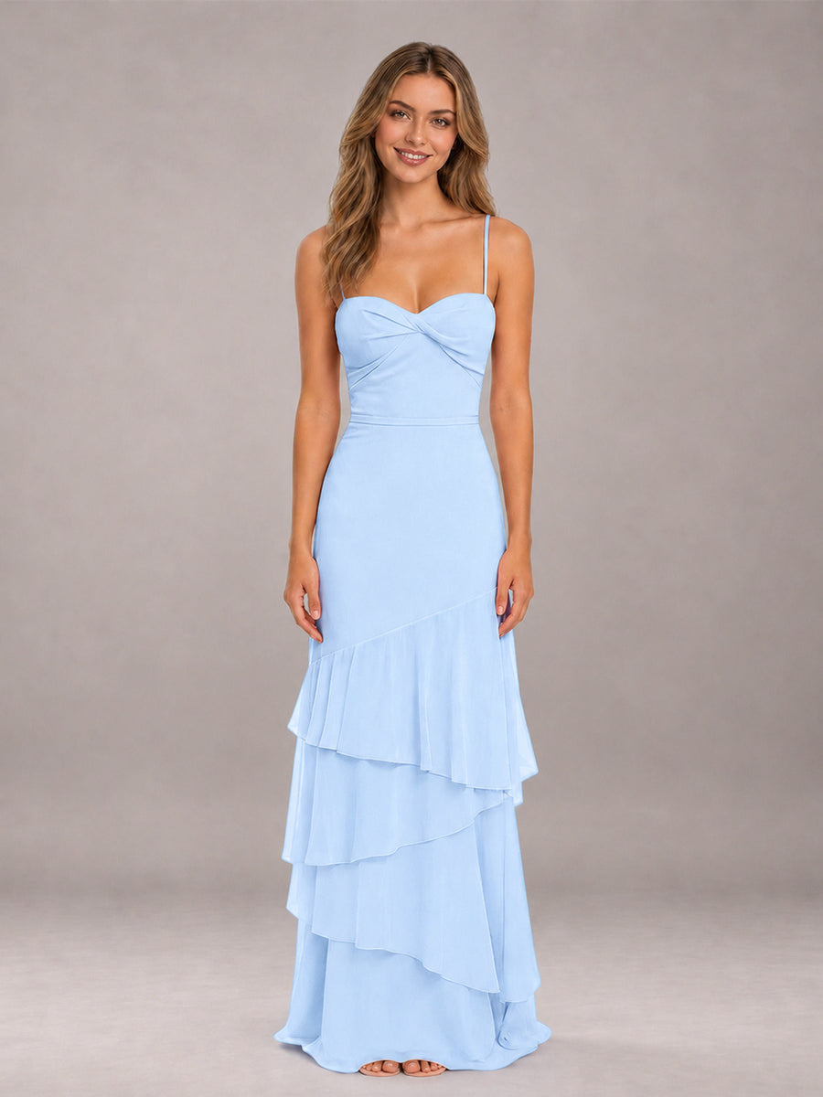 Light Blue Spaghetti Straps Ruffled Chiffon Floor Length Bridesmaid Dress