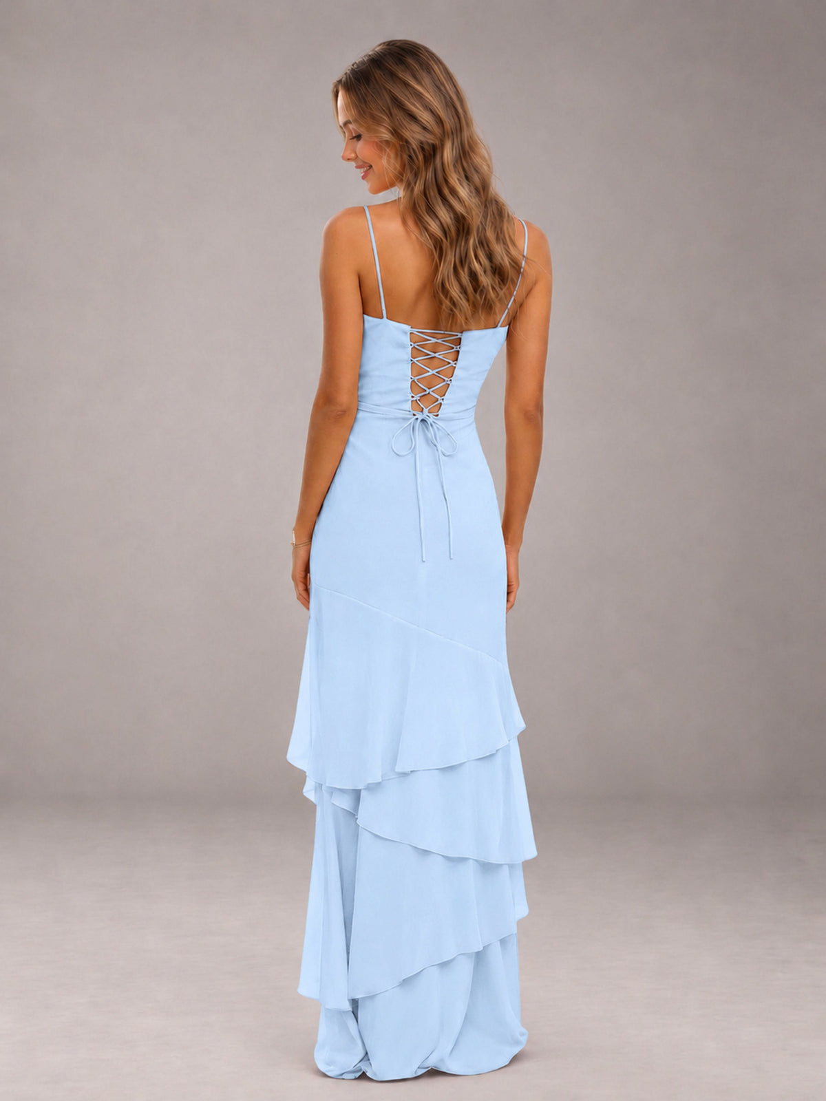 Light Blue Spaghetti Straps Ruffled Chiffon Floor Length Bridesmaid Dress