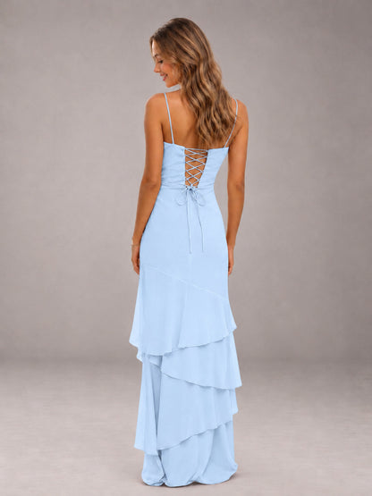 Light Blue Spaghetti Straps Ruffled Chiffon Floor Length Bridesmaid Dress