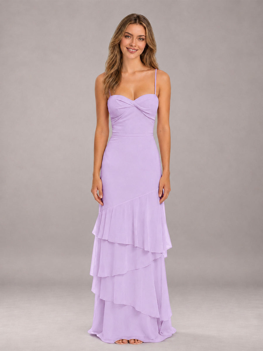 Lilac Spaghetti Straps Ruffled Chiffon Floor Length Bridesmaid Dress