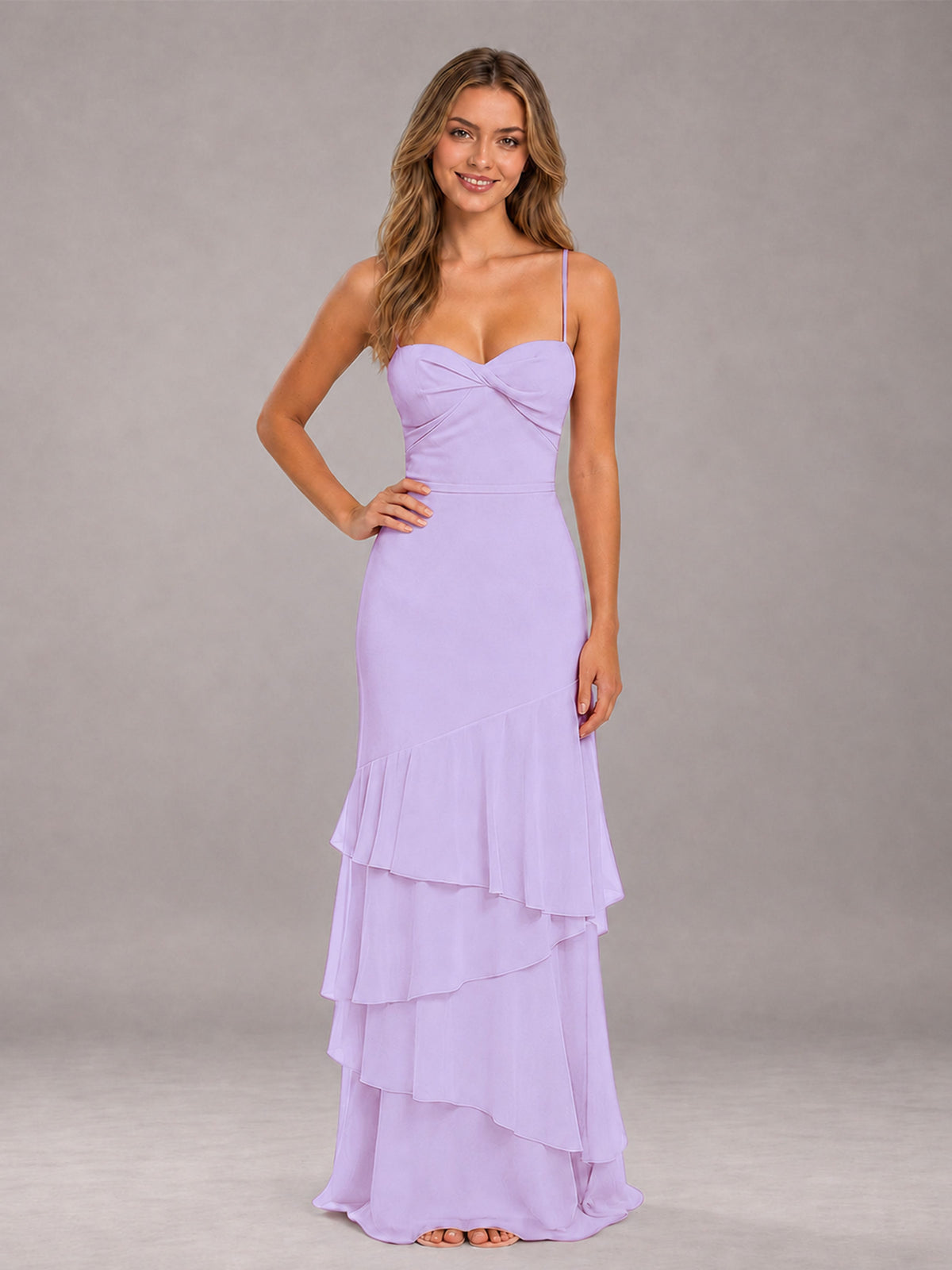 Lilac Spaghetti Straps Ruffled Chiffon Floor Length Bridesmaid Dress