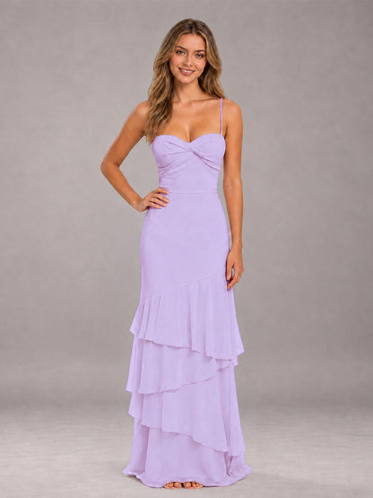 Lilac Spaghetti Straps Ruffled Chiffon Floor Length Bridesmaid Dress