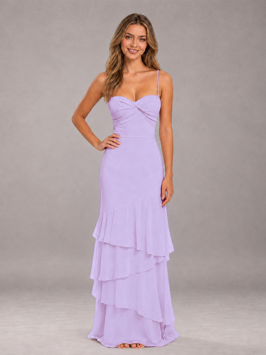 Lilac Spaghetti Straps Ruffled Chiffon Floor Length Bridesmaid Dress
