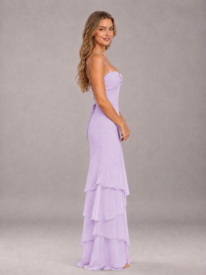 Lilac Spaghetti Straps Ruffled Chiffon Floor Length Bridesmaid Dress