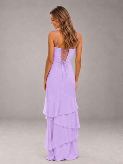 Lilac Spaghetti Straps Ruffled Chiffon Floor Length Bridesmaid Dress