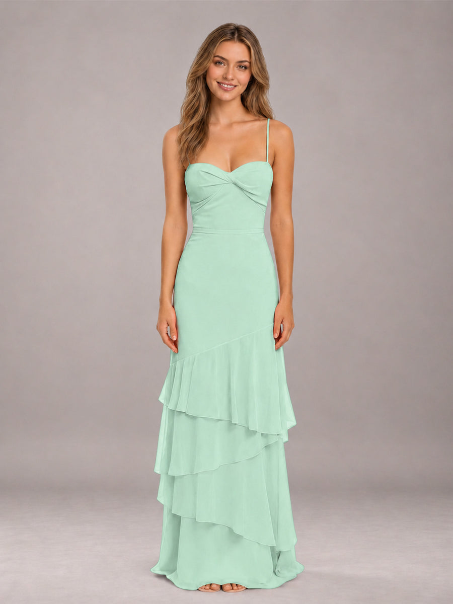 Mint Green Spaghetti Straps Ruffled Chiffon Floor Length Bridesmaid Dress