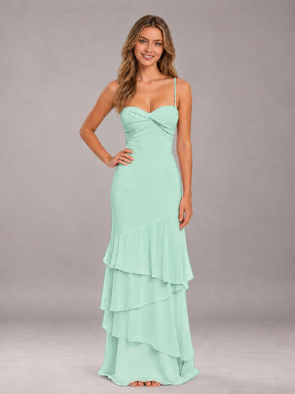 Mint Green Spaghetti Straps Ruffled Chiffon Floor Length Bridesmaid Dress