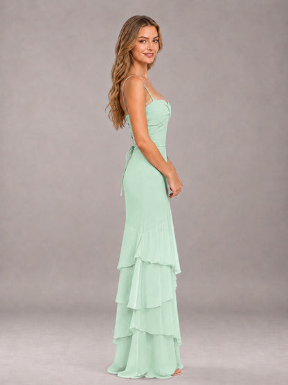 Mint Green Spaghetti Straps Ruffled Chiffon Floor Length Bridesmaid Dress