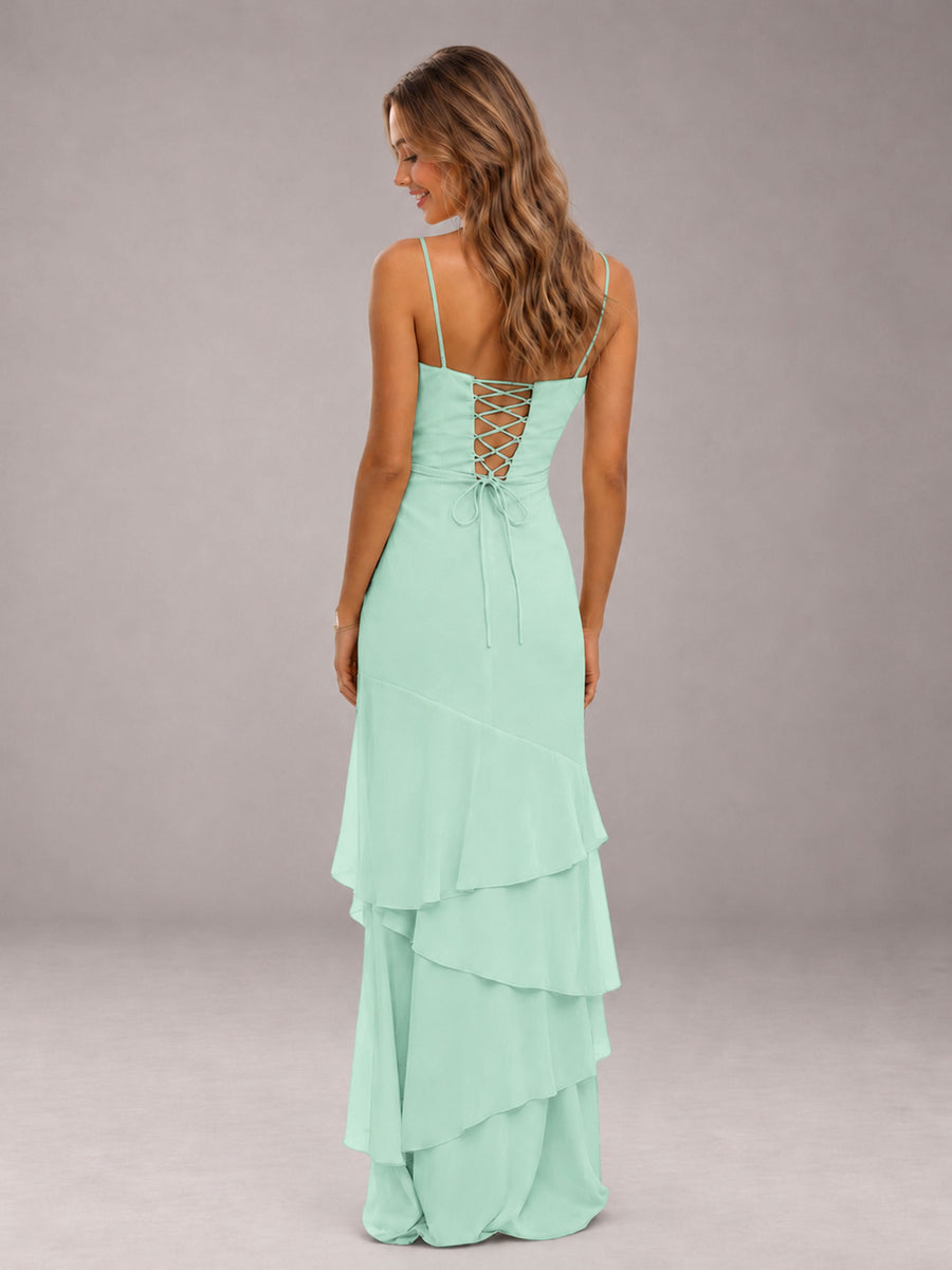 Mint Green Spaghetti Straps Ruffled Chiffon Floor Length Bridesmaid Dress