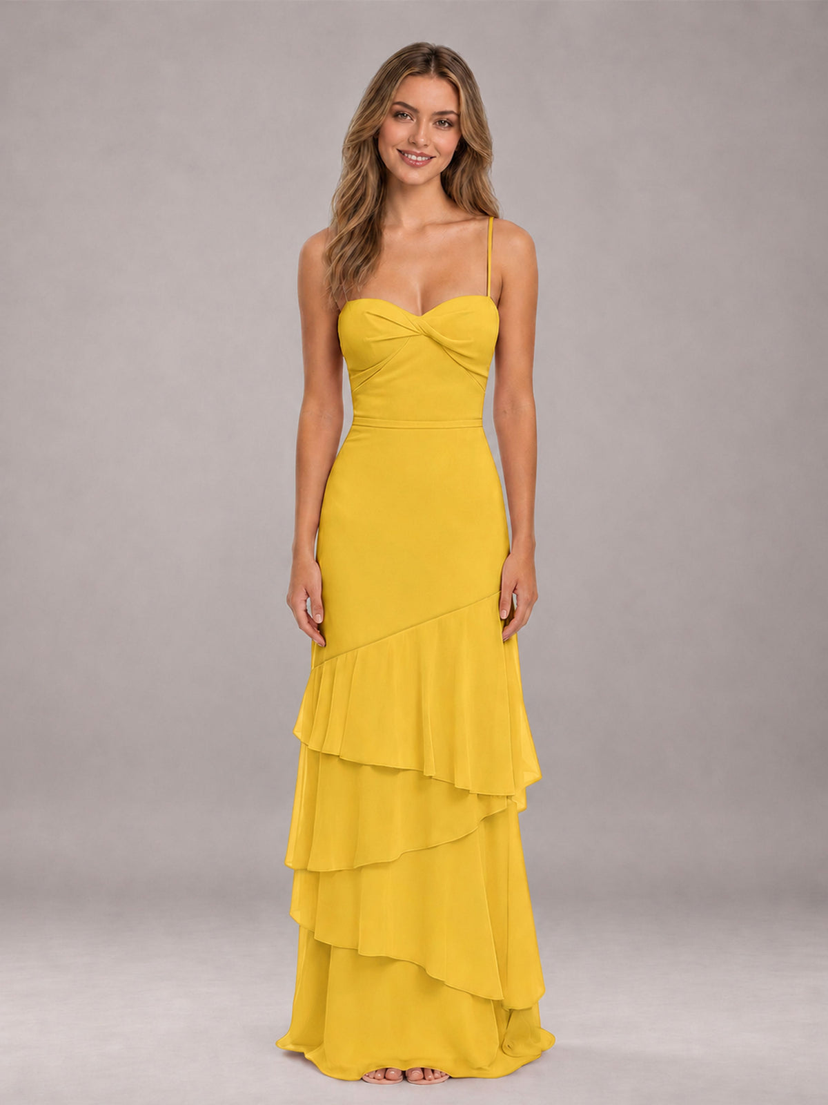 Mustard Yellow Spaghetti Straps Ruffled Chiffon Floor Length Bridesmaid Dress