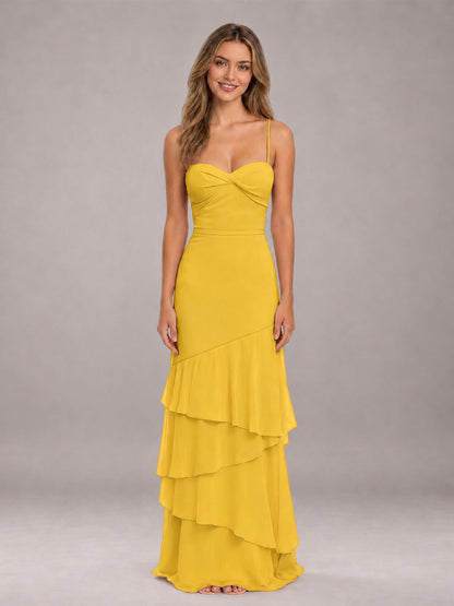 Mustard Yellow Spaghetti Straps Ruffled Chiffon Floor Length Bridesmaid Dress