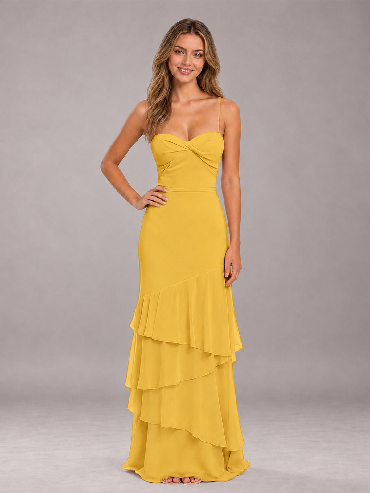 Mustard Yellow Spaghetti Straps Ruffled Chiffon Floor Length Bridesmaid Dress