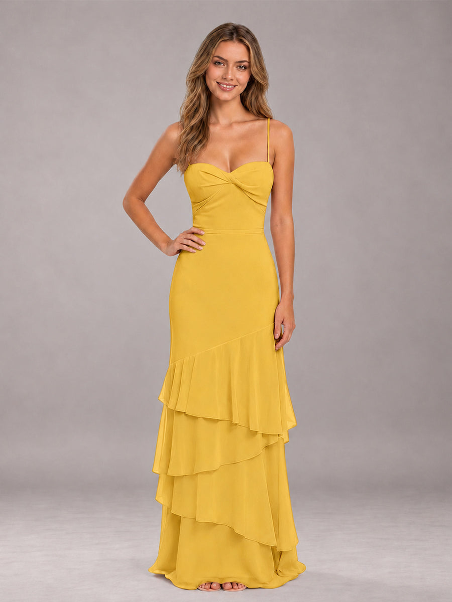 Mustard Yellow Spaghetti Straps Ruffled Chiffon Floor Length Bridesmaid Dress