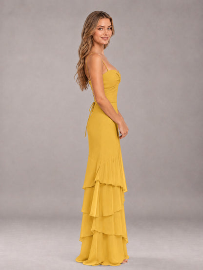 Mustard Yellow Spaghetti Straps Ruffled Chiffon Floor Length Bridesmaid Dress