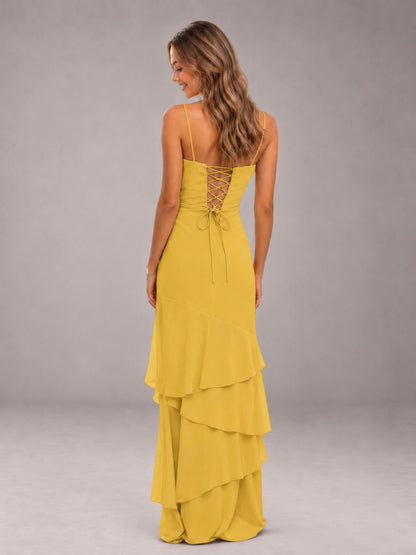 Mustard Yellow Spaghetti Straps Ruffled Chiffon Floor Length Bridesmaid Dress