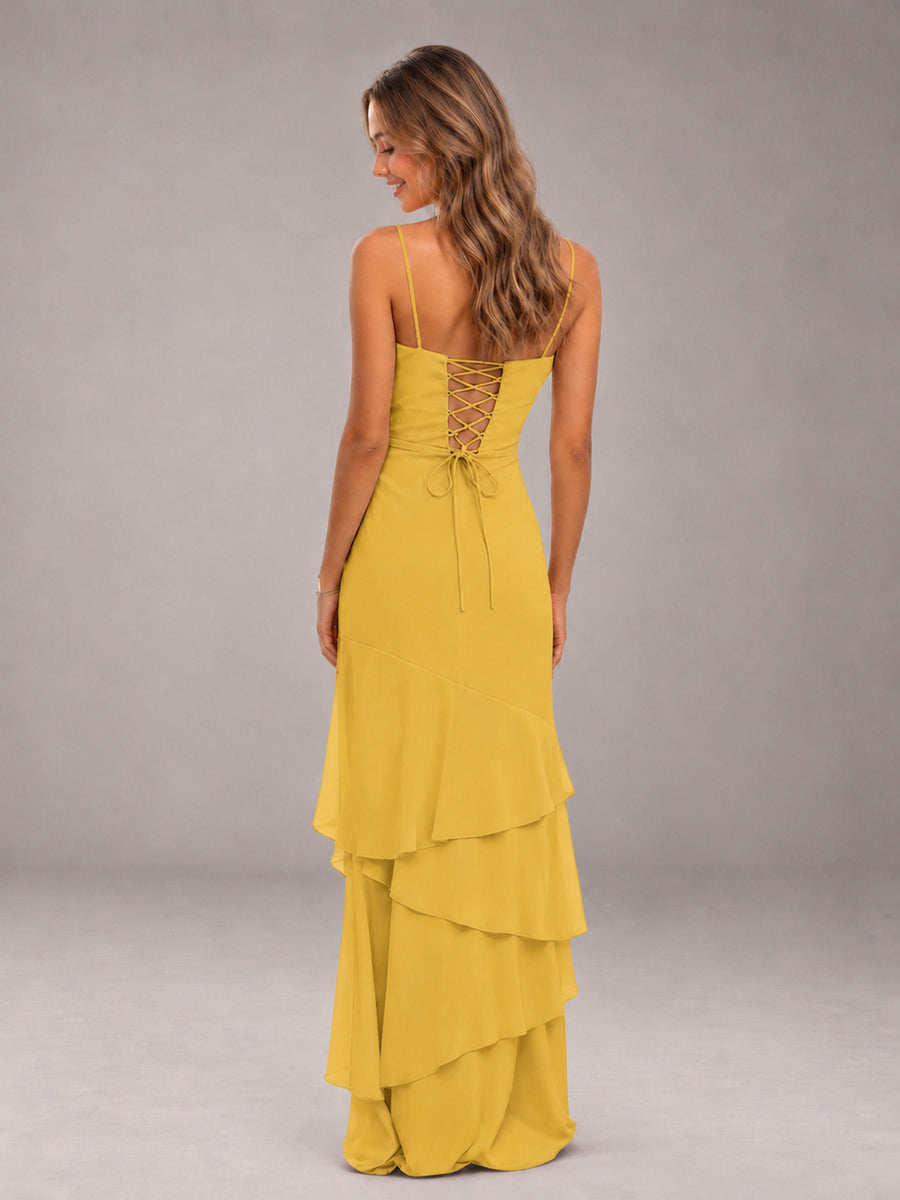 Mustard Yellow Spaghetti Straps Ruffled Chiffon Floor Length Bridesmaid Dress