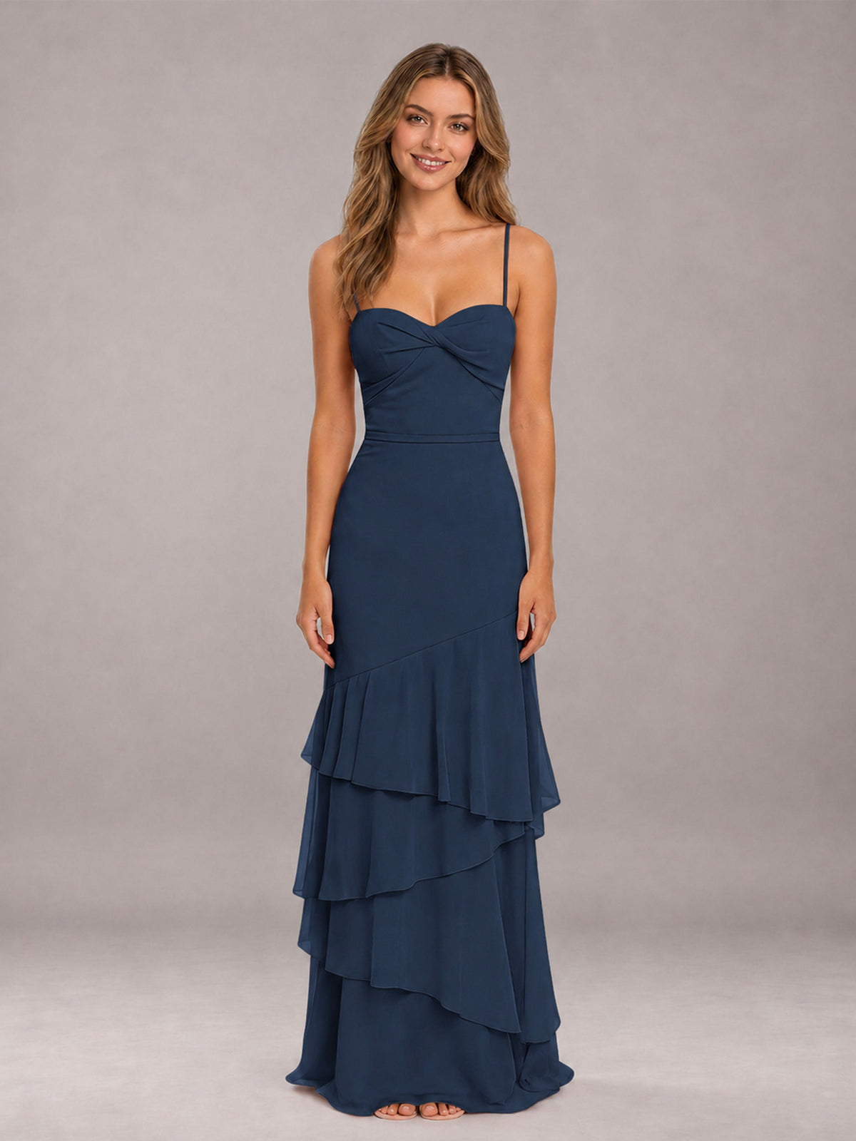 Navy Blue Spaghetti Straps Ruffled Chiffon Floor Length Bridesmaid Dress