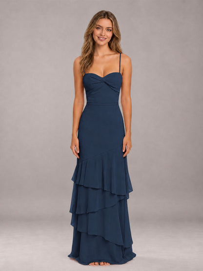 Navy Blue Spaghetti Straps Ruffled Chiffon Floor Length Bridesmaid Dress