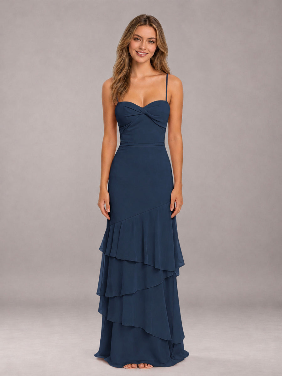 Navy Blue Spaghetti Straps Ruffled Chiffon Floor Length Bridesmaid Dress