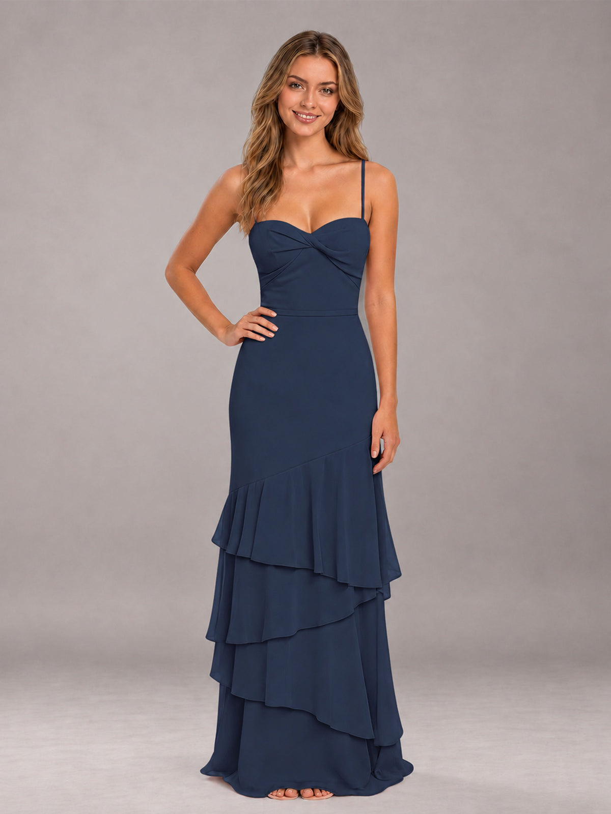 Navy Blue Spaghetti Straps Ruffled Chiffon Floor Length Bridesmaid Dress