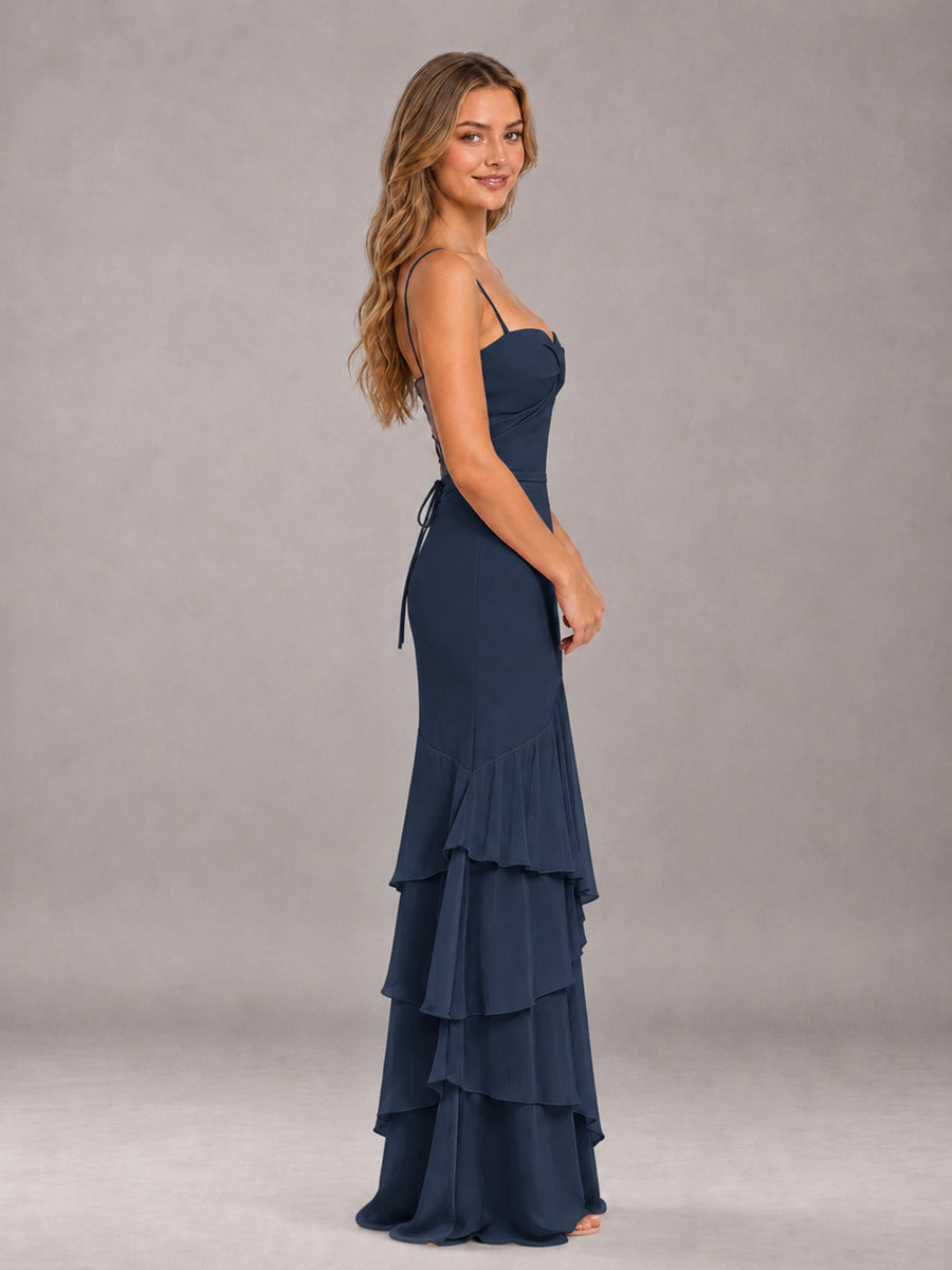 Navy Blue Spaghetti Straps Ruffled Chiffon Floor Length Bridesmaid Dress