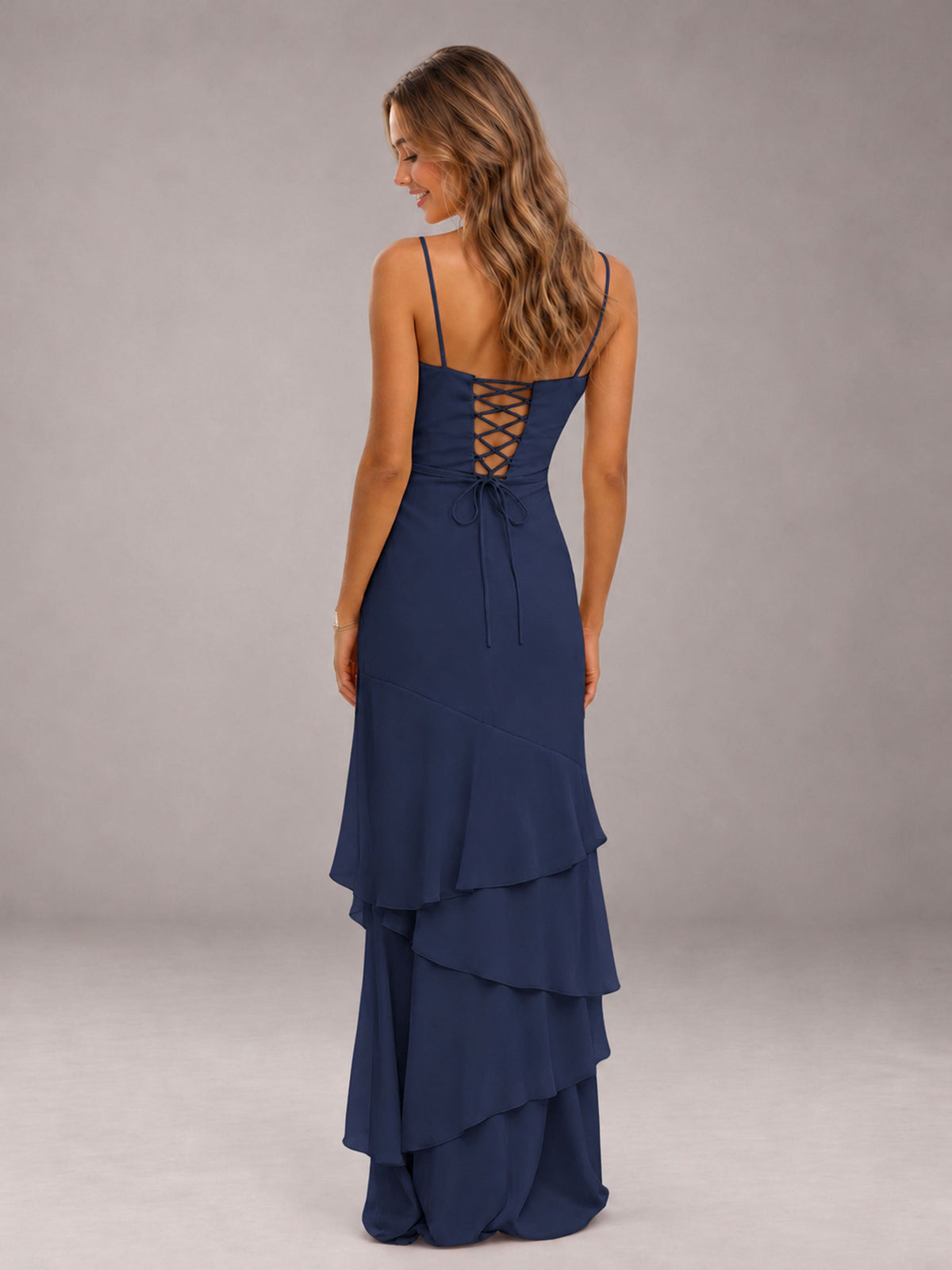 Navy Blue Spaghetti Straps Ruffled Chiffon Floor Length Bridesmaid Dress