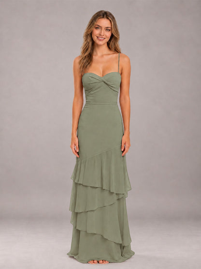 Olive Green Spaghetti Straps Ruffled Chiffon Floor Length Bridesmaid Dress