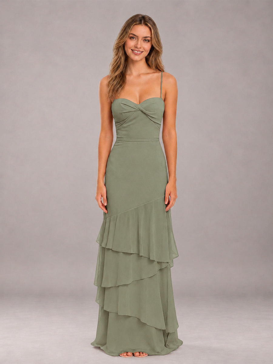 Olive Green Spaghetti Straps Ruffled Chiffon Floor Length Bridesmaid Dress