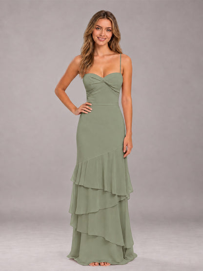 Olive Green Spaghetti Straps Ruffled Chiffon Floor Length Bridesmaid Dress