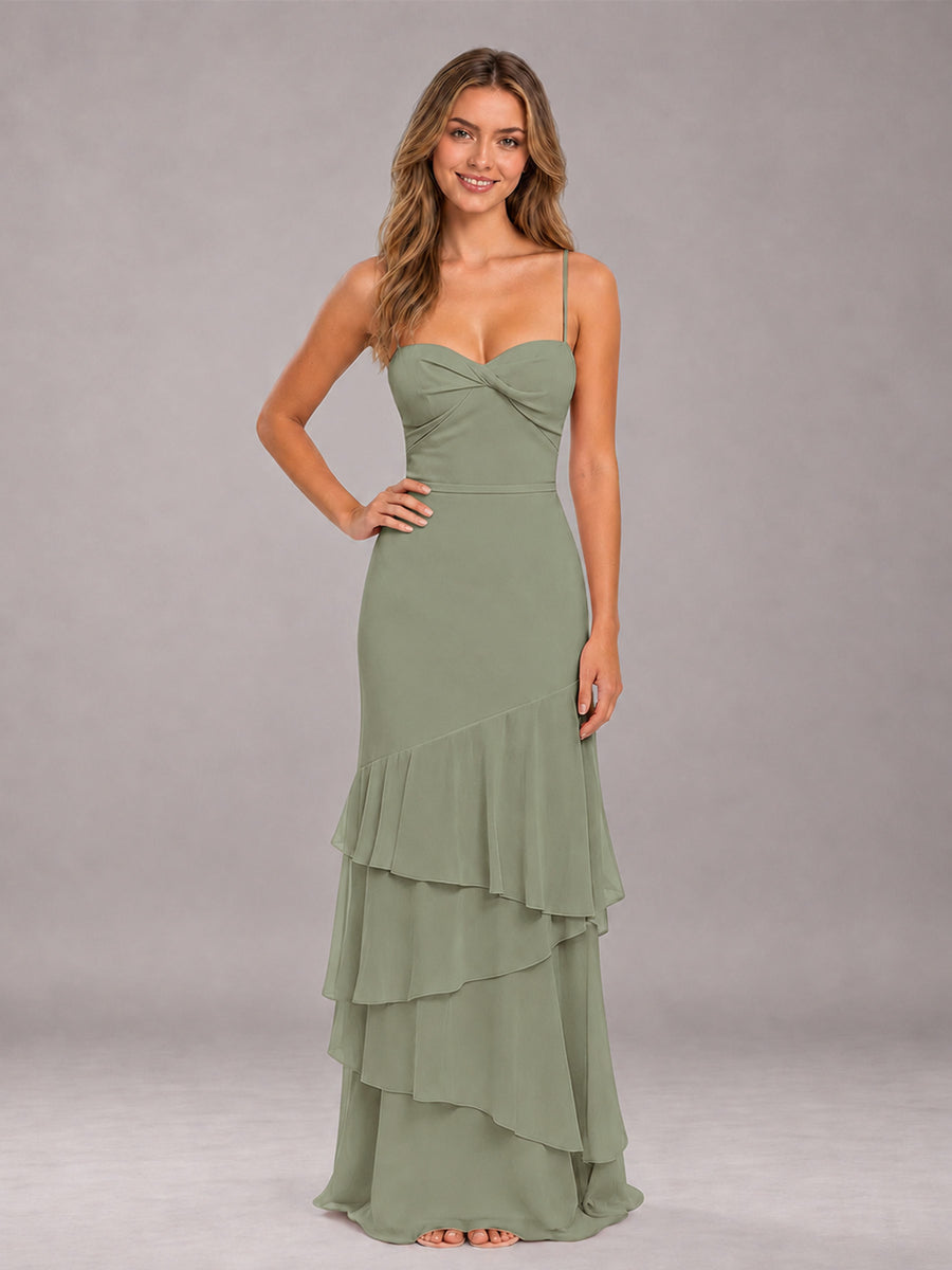 Olive Green Spaghetti Straps Ruffled Chiffon Floor Length Bridesmaid Dress