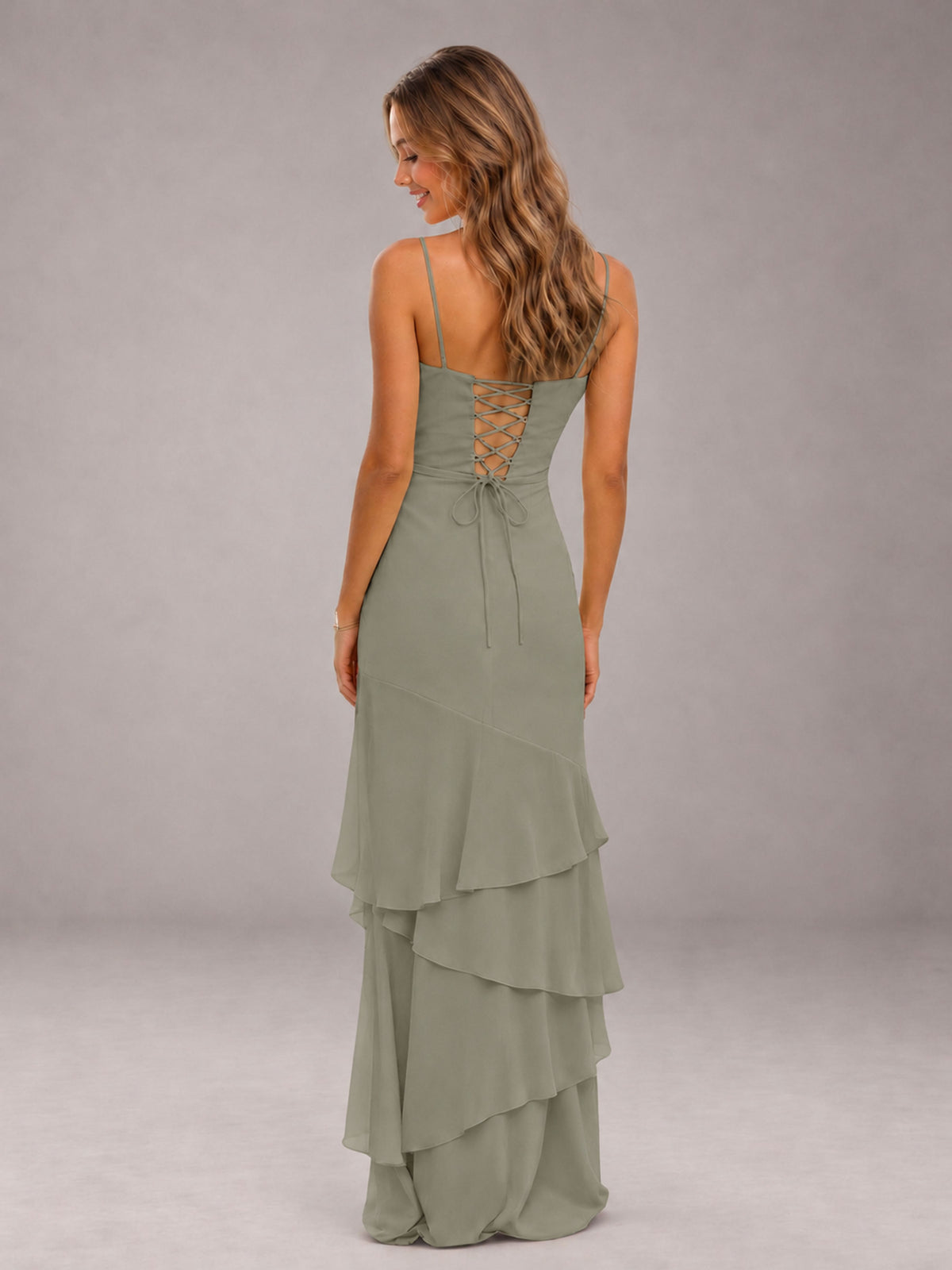 Olive Green Spaghetti Straps Ruffled Chiffon Floor Length Bridesmaid Dress