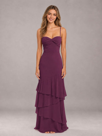 Plum Spaghetti Straps Ruffled Chiffon Floor Length Bridesmaid Dress
