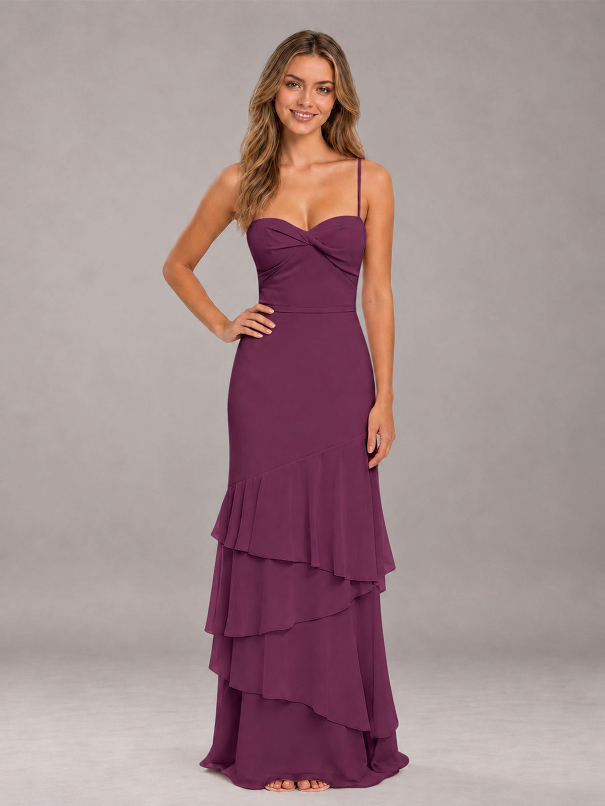Plum Spaghetti Straps Ruffled Chiffon Floor Length Bridesmaid Dress