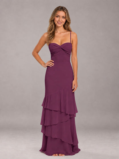 Plum Spaghetti Straps Ruffled Chiffon Floor Length Bridesmaid Dress