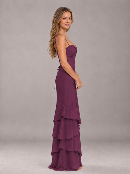 Plum Spaghetti Straps Ruffled Chiffon Floor Length Bridesmaid Dress