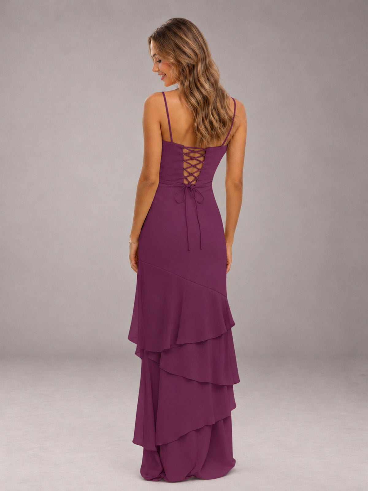 Plum Spaghetti Straps Ruffled Chiffon Floor Length Bridesmaid Dress
