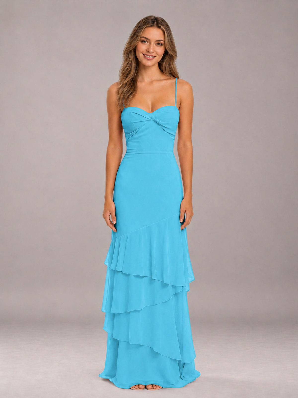 Pool Spaghetti Straps Ruffled Chiffon Floor Length Bridesmaid Dress
