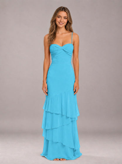 Pool Spaghetti Straps Ruffled Chiffon Floor Length Bridesmaid Dress