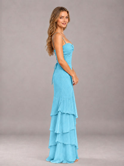 Pool Spaghetti Straps Ruffled Chiffon Floor Length Bridesmaid Dress